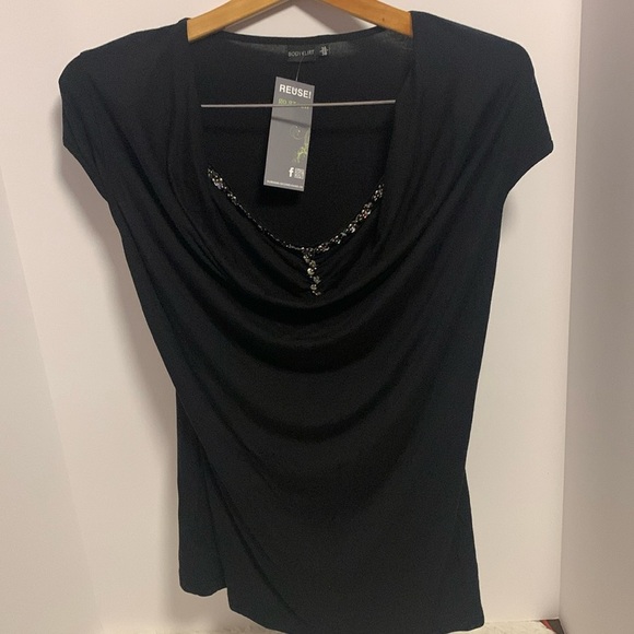 BODY FLIRT BLACK BLOUSE WITH COWL LIKE NECKLINE WITH BLING LIKE UNDERLINING - Picture 2 of 7